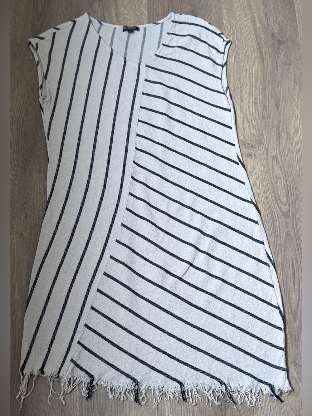 For Cynthia Striped Fringed Shift Dress Cream Black Cap Sleeve Linen Blend‎ Sz L